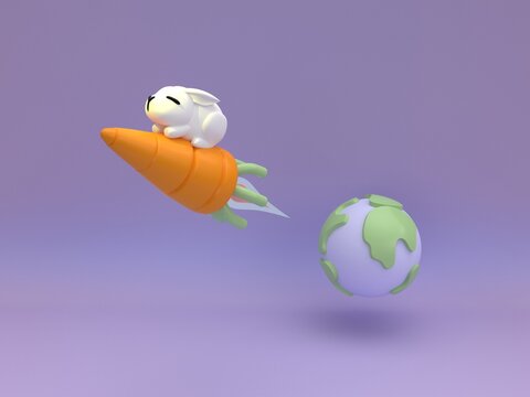 3D carrot and rabbit rocket from Earth to the moon. Stock investor, project start, go towards goal, 3D illustration