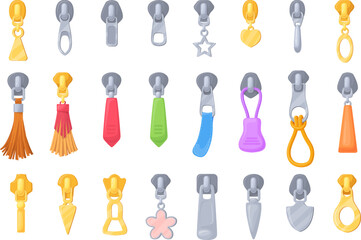 Zipper pulls. Zippers puller with leather tassel on cord for zip backpack, elegant puller golden metal clasp luggage or handbags slider buckle accessories, neat vector illustration © ssstocker