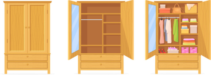 Closed open cupboard. Wooden dress cabinet, wardrobe room cartoon closet inside with shelf clothes organisation fashion hanging rack garment accessories, neat vector illustration