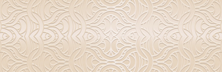 Banner, cover design. Embossed geometric 3d pattern on a light background, paper press, doodle and zentangle technique. Tribal ethnic art motifs, trendy boho style ornaments.