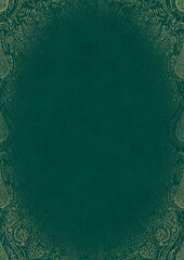 Dark cold green textured paper with vignette of golden hand-drawn pattern. Copy space. Digital artwork, A4. (pattern: p01d)