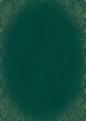 Dark cold green textured paper with vignette of golden hand-drawn pattern. Copy space. Digital artwork, A4. (pattern: p01e)