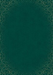 Dark cold green textured paper with vignette of golden hand-drawn pattern. Copy space. Digital artwork, A4. (pattern: p02-1e)