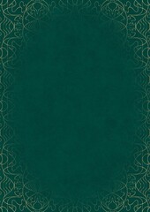 Dark cold green textured paper with vignette of golden hand-drawn pattern. Copy space. Digital artwork, A4. (pattern: p02-1e)
