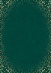 Dark cold green textured paper with vignette of golden hand-drawn pattern. Copy space. Digital artwork, A4. (pattern: p02-2d)