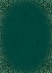Dark cold green textured paper with vignette of golden hand-drawn pattern. Copy space. Digital artwork, A4. (pattern: p02-2e)