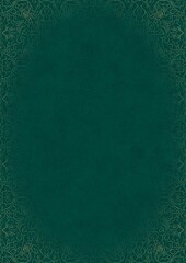 Dark cold green textured paper with vignette of golden hand-drawn pattern. Copy space. Digital artwork, A4. (pattern: p07-1e)