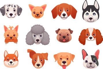 Dog faces emoticons. Breed dogs puppy heads, draw happy pets character cute face canine head breeds husky beagle labrador yorkshire poodle set cartoon ingenious vector illustration