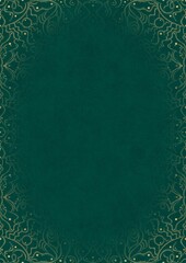 Dark cold green textured paper with vignette of golden hand-drawn pattern. Copy space. Digital artwork, A4. (pattern: p07-2d)