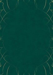 Dark cold green textured paper with vignette of golden hand-drawn pattern. Copy space. Digital artwork, A4. (pattern: p08-1d)
