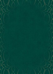 Dark cold green textured paper with vignette of golden hand-drawn pattern. Copy space. Digital artwork, A4. (pattern: p08-1e)