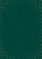 Dark cold green textured paper with vignette of golden hand-drawn pattern. Copy space. Digital artwork, A4. (pattern: p08-1e)