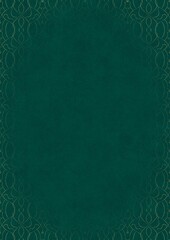 Dark cold green textured paper with vignette of golden hand-drawn pattern. Copy space. Digital artwork, A4. (pattern: p08-1f)