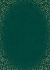 Dark cold green textured paper with vignette of golden hand-drawn pattern. Copy space. Digital artwork, A4. (pattern: p08-2e)