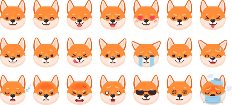 Dogs emoticons. Dog character face showing expressions and emotions, kawaii anime puppy emoji angry sad happy nap cry wink cute pet expression, ingenious animal vector illustration