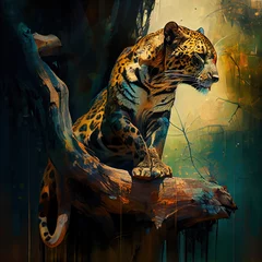 Foto op Plexiglas adorable jaguar on a tree trunk. Jungle background © Jacques Evangelista