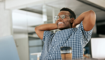 Business black man relax at his office desk for finance, sales and company development, startup success or kpi achievement. Stretching businessman happy for career, job productivity or online review