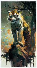 Fototapeta na wymiar adorable tiger on a tree trunk. Jungle background.