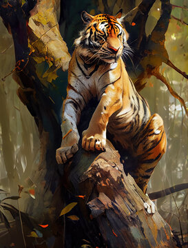 adorable tiger on a tree trunk. Jungle background.