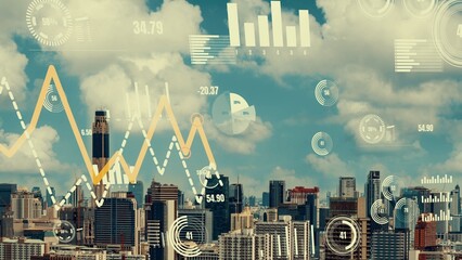 Business data analytic interface fly over smart city showing alteration future of business intelligence. Computer software and artificial intelligence are used to analyze big data for strategic plan .