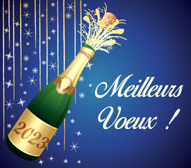 Meilleurs vœux ! Bonne année ! Carte de vœux dorée avec champagne et décorations de fête. Illustration vectorielle. Carte bleue et or. Français.