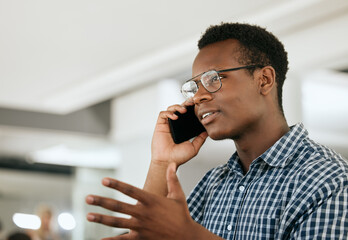 Business black man, phone call and communication for startup networking, online negotiation...