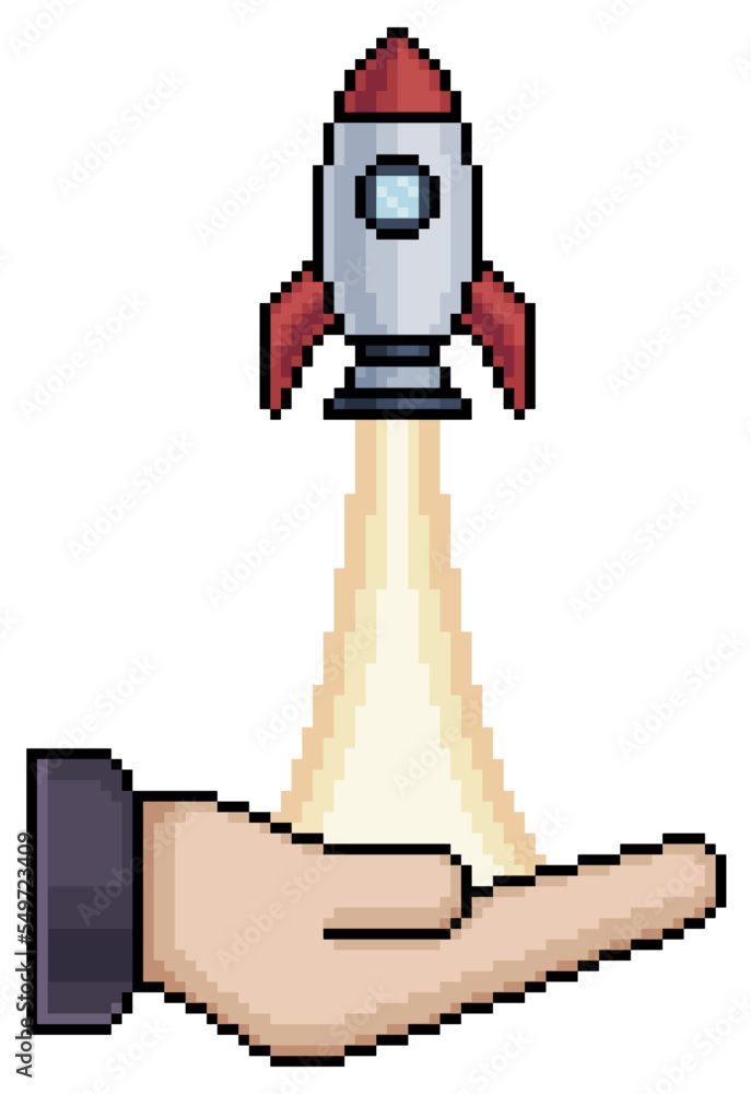 Aufkleber pixel art rocket taking off by hand vector icon for 8bit game on white background