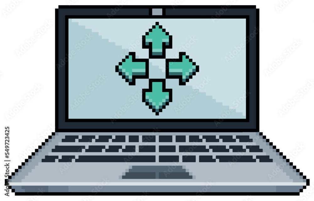 Poster pixel art laptop with direction arrows vector icon for 8bit game on white background
