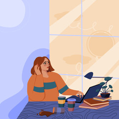 Woman working at her desk at home. Woman with laptop at her work desk.