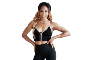 A woman smiling coach on a transparent background in sportswear for sports.