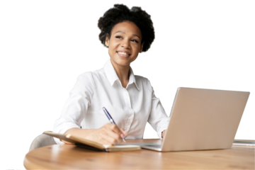 Female student transparent background working on laptop. The designer works on the Internet in a browser.