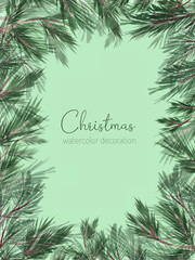 Winter background with fir branches. Spruce branches painted in watercolor. Background of Christmas tree branches
