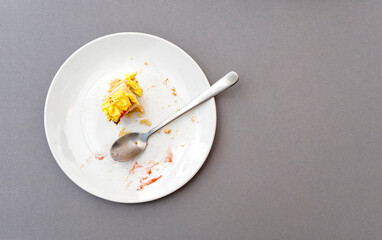 Slice of cake with cream as food leftover on a white ceramic plate, top view
