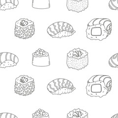 Seamless pattern from sketches of sushi and rolls. Linear, minimalistic background. Sushi with avocado and salmon, rolls, wasabi, ginger.