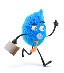 Fluffy businessman running with a case. 3d illustration. Cartoon character.