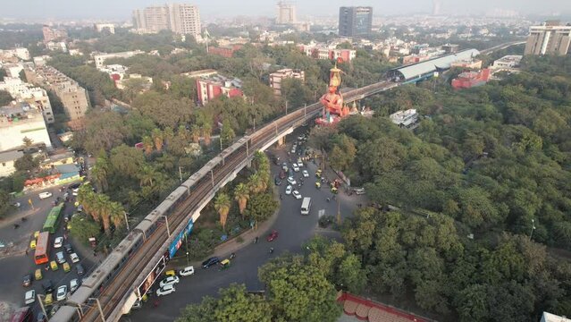 Aerial Shot of Delhi Metro at Hanuman Temple Karol Bagh New Delhi India 