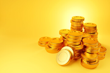 Set of golden coin isolated on   yellow  background. Symbol of gold and wealth. 3d illustration