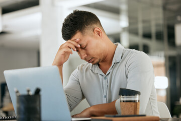 Naklejka premium Headache, laptop and man with stress, anxiety and suffer from burnout, internet browse and office. Young male, upset entrepreneur and tired business owner with issues with planning and mental health.