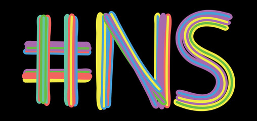 NS Hashtag. Multicolored bright isolate curves doodle letters like from marker, oil paint. #NS is abbreviation for the Canadian Nova Scotia for social network, web resources, mobile apps.
