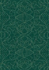 Hand-drawn unique abstract seamless ornament. Light green on a darker cold green background, with splatters of golden glitter. Paper texture. Digital artwork, A4. (pattern: p02-1d)