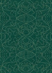 Hand-drawn unique abstract seamless ornament. Light green on a darker cold green background, with splatters of golden glitter. Paper texture. Digital artwork, A4. (pattern: p02-1d)