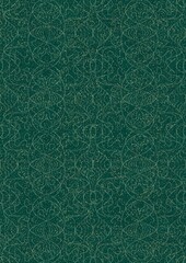 Hand-drawn unique abstract seamless ornament. Light green on a darker cold green background, with splatters of golden glitter. Paper texture. Digital artwork, A4. (pattern: p02-1e)
