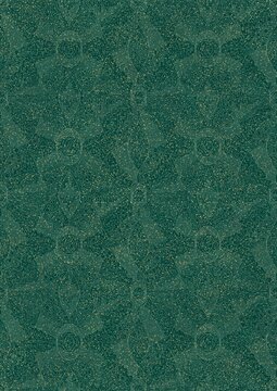 Hand-drawn unique abstract seamless ornament. Light green on a darker cold green background, with splatters of golden glitter. Paper texture. Digital artwork, A4. (pattern: p05e)
