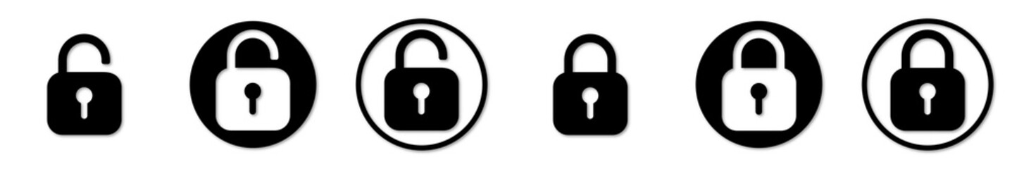Set of lock icons, lock icon. Safety symbols. Vector illustration. Close and open lock padlock symbols. Sign of locked and unlocked padlock.