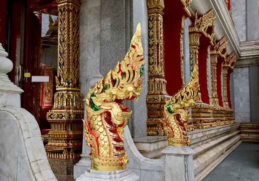 Naga statue, objects to worship in buddhist belief, in Thai temple in Bangkok, Thailand.
