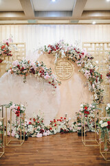 Chinese ceremonial with multi flowers. Wedding or engagement decoration. Double happiness 