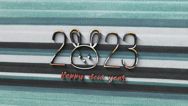 3D animation of 2023 Happy New Year multicolored chrome text with rabbit face cinematic title. Ending cover for end scence trailer winter snow, Christmas and New year event background