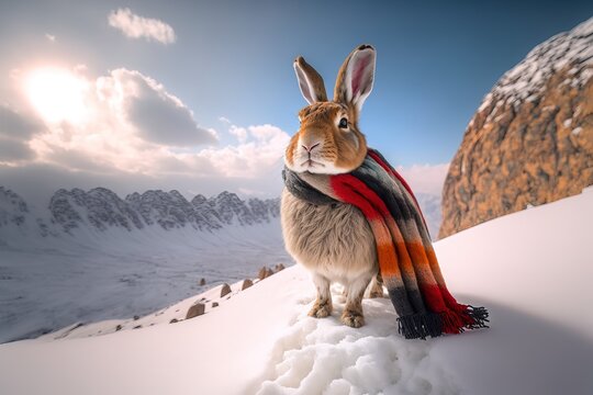 Rabbit in red traditional chinese cloth. snow mountain landscape. scenery