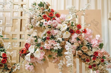 Chinese ceremonial with multi flowers. Wedding or engagement decoration. Double happiness 