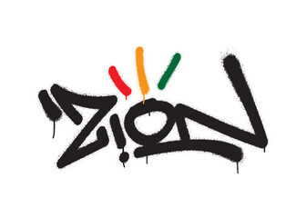 Spray graffiti tag ZION. The land of salvation, promise and return from exile. Rastafarian colors, red, yellow, green. The concept of freedom.